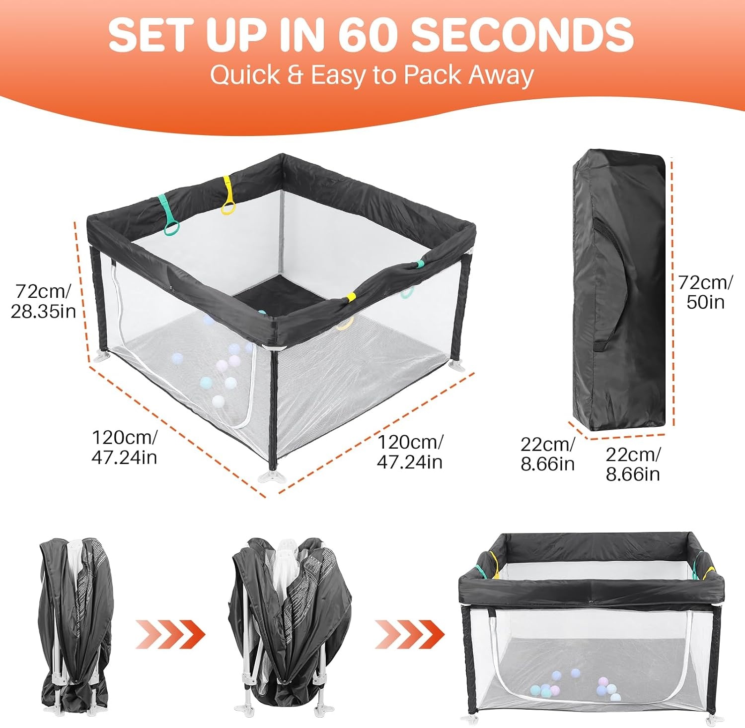 Ruime Opvouwbare Babybox (120x120x72 cm) Donkergrijs met Speelballen - 34% Korting!