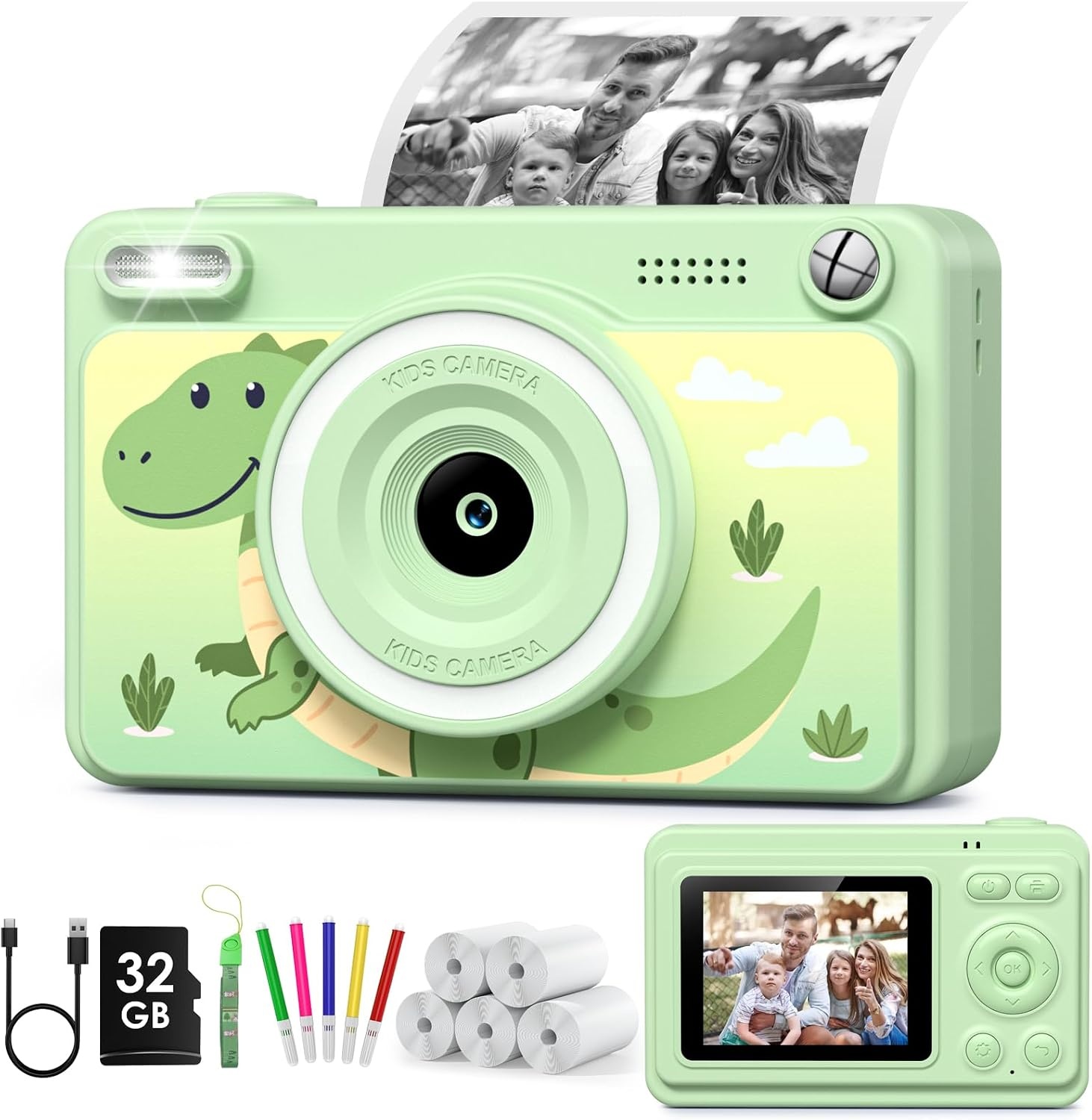 Kinder Direct Print Camera Groen - 1080p, 32GB, 5 Rollen Papier