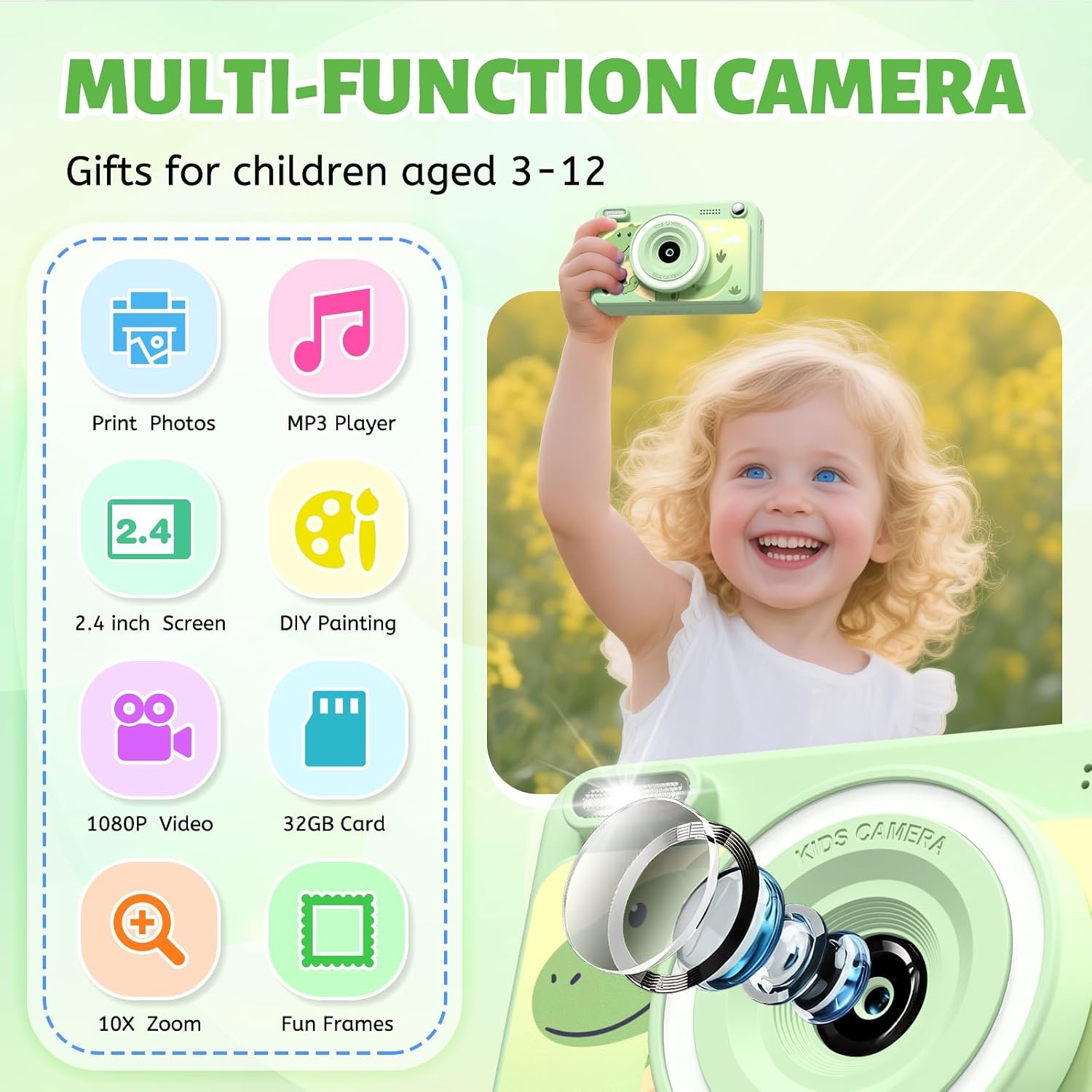 Kinder Direct Print Camera Groen - 1080p, 32GB, 5 Rollen Papier
