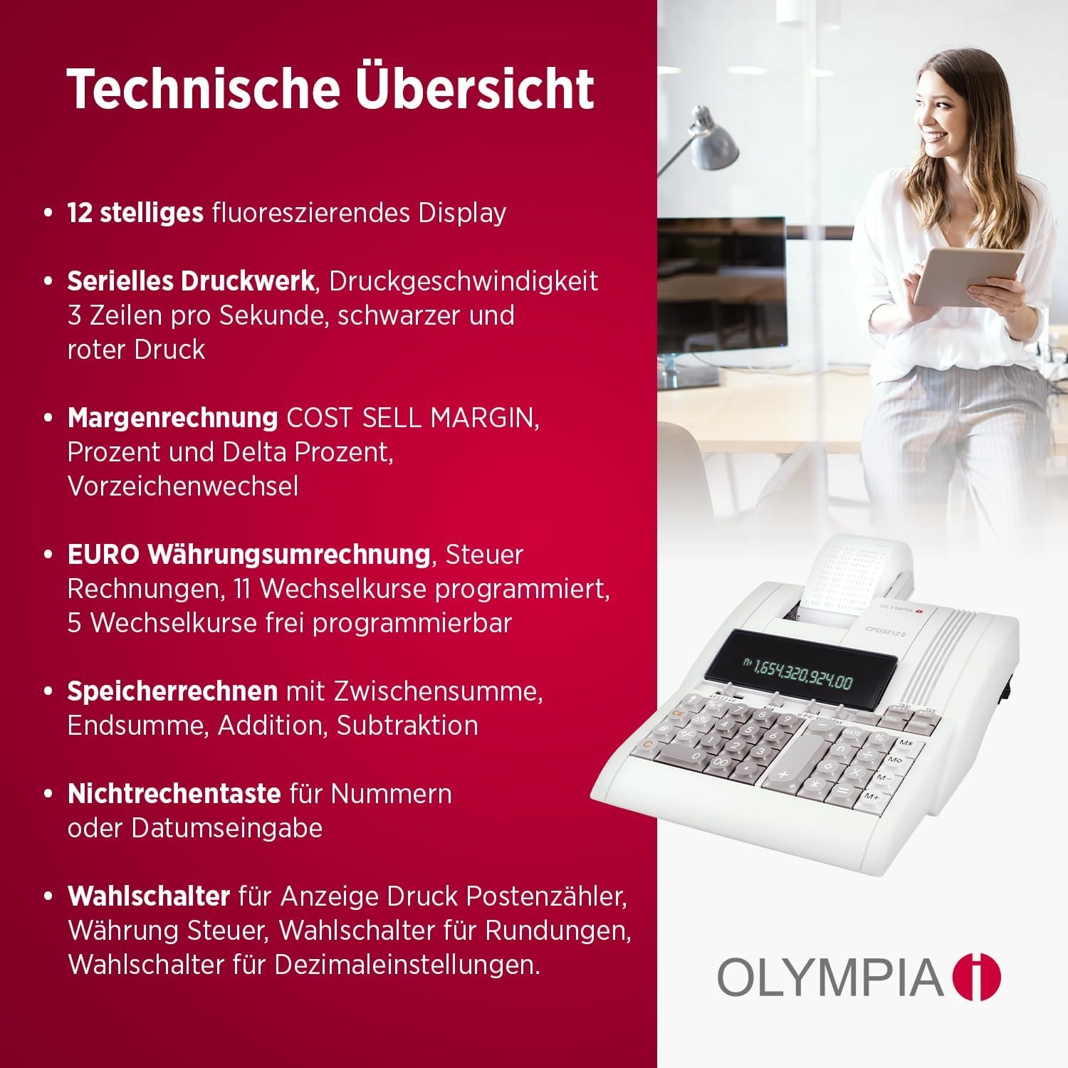 Olympia CPD 3212S Rekenmachine - 12 Cijfers | Fluorescerend Display | 34% Korting