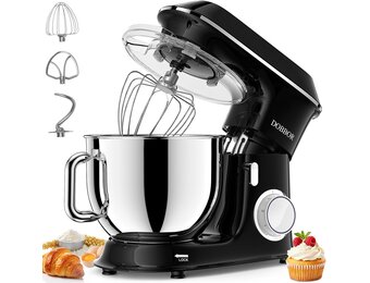 9.5L Keukenmachine kneedmachine 1500W, DOBBOR mixer met garde, deeghaak, klopper, spatbescherming, 7 snelheden planetair mengsysteem, stil en multifunctioneel