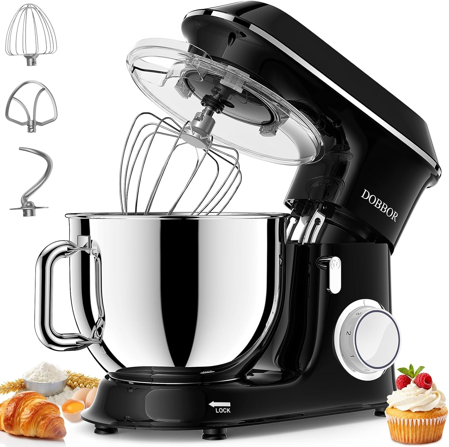9.5L Keukenmachine kneedmachine 1500W, DOBBOR mixer met garde, deeghaak, klopper, spatbescherming, 7 snelheden planetair mengsysteem, stil en multifunctioneel