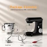 9.5L Keukenmachine kneedmachine 1500W, DOBBOR mixer met garde, deeghaak, klopper, spatbescherming, 7 snelheden planetair mengsysteem, stil en multifunctioneel