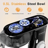 9.5L Keukenmachine kneedmachine 1500W, DOBBOR mixer met garde, deeghaak, klopper, spatbescherming, 7 snelheden planetair mengsysteem, stil en multifunctioneel
