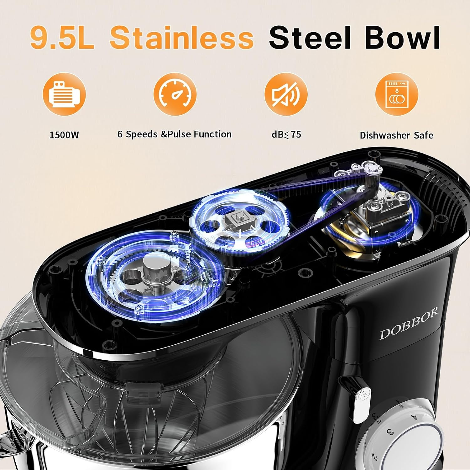 9.5L Keukenmachine kneedmachine 1500W, DOBBOR mixer met garde, deeghaak, klopper, spatbescherming, 7 snelheden planetair mengsysteem, stil en multifunctioneel