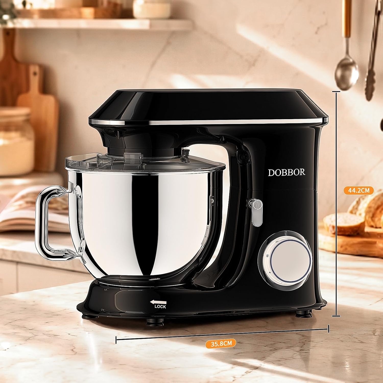9.5L Keukenmachine kneedmachine 1500W, DOBBOR mixer met garde, deeghaak, klopper, spatbescherming, 7 snelheden planetair mengsysteem, stil en multifunctioneel