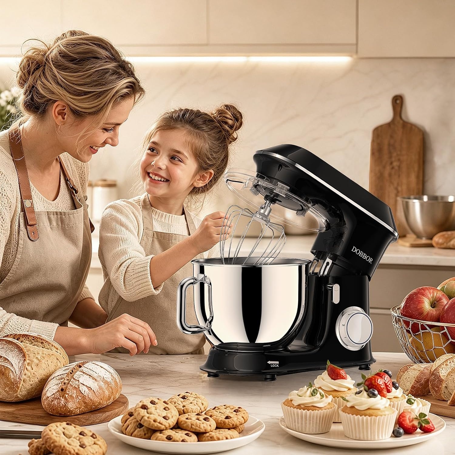 9.5L Keukenmachine kneedmachine 1500W, DOBBOR mixer met garde, deeghaak, klopper, spatbescherming, 7 snelheden planetair mengsysteem, stil en multifunctioneel