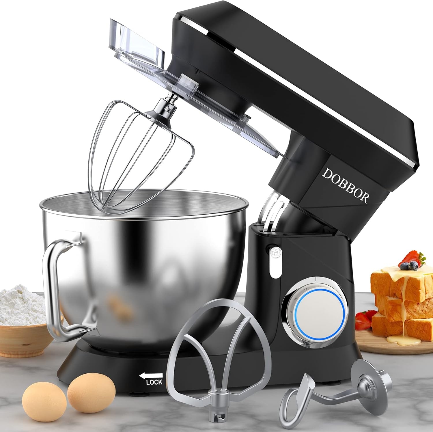 9.5L Keukenmachine kneedmachine 1500W, DOBBOR mixer met garde, deeghaak, klopper, spatbescherming, 7 snelheden planetair mengsysteem, stil en multifunctioneel
