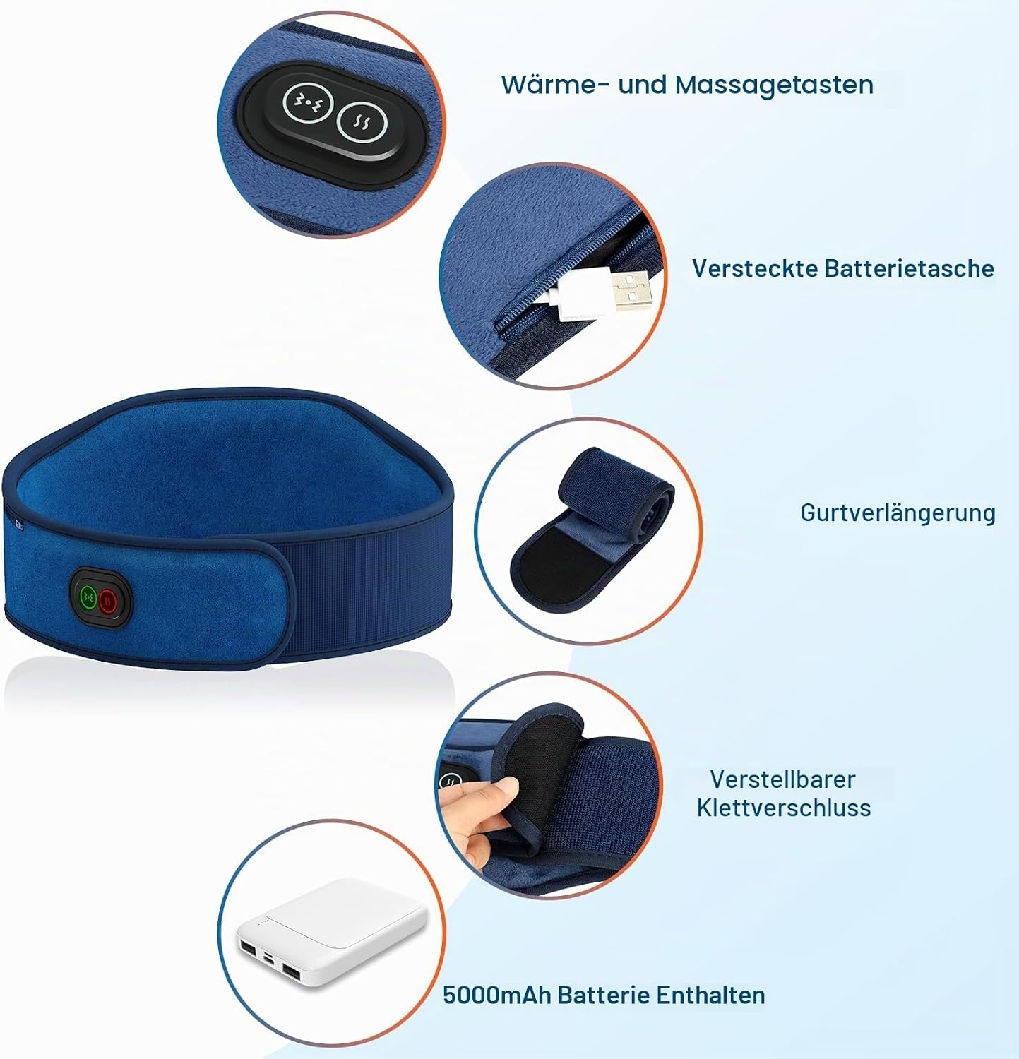 Comfytemp Draadloze Verwarmingsgordel met Vibratiemassage - Blauw - 18 x 147 cm