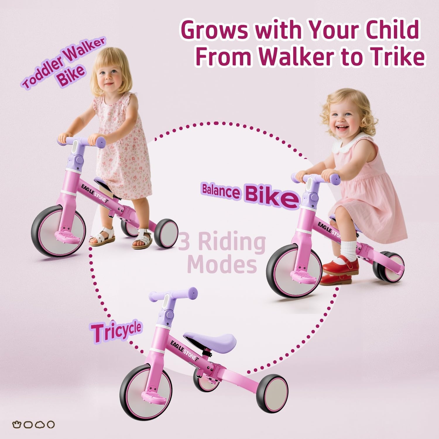 EagleStone 3-in-1 Loopfiets en Driewieler voor Kinderen - Roze - 18 maanden tot 4 jaar