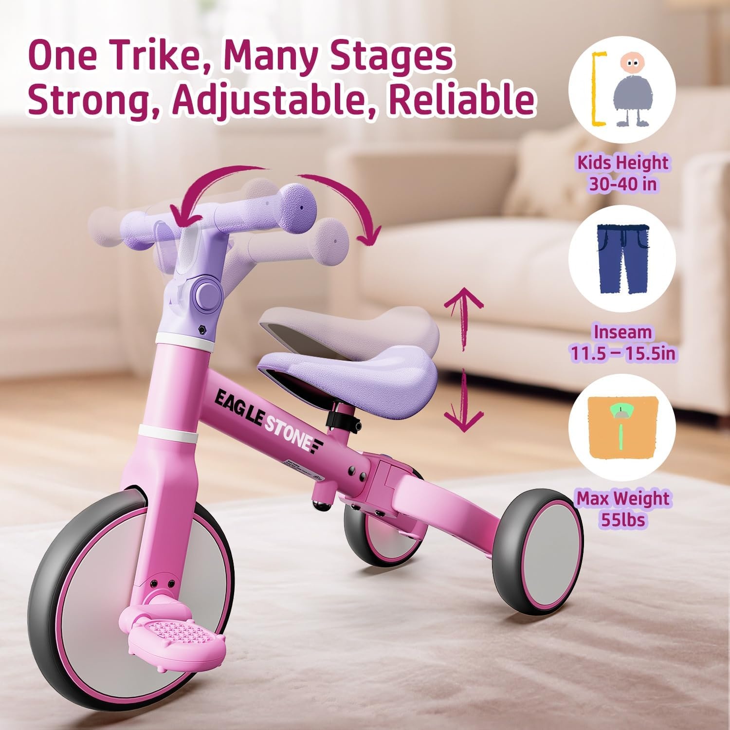 EagleStone 3-in-1 Loopfiets en Driewieler voor Kinderen - Roze - 18 maanden tot 4 jaar