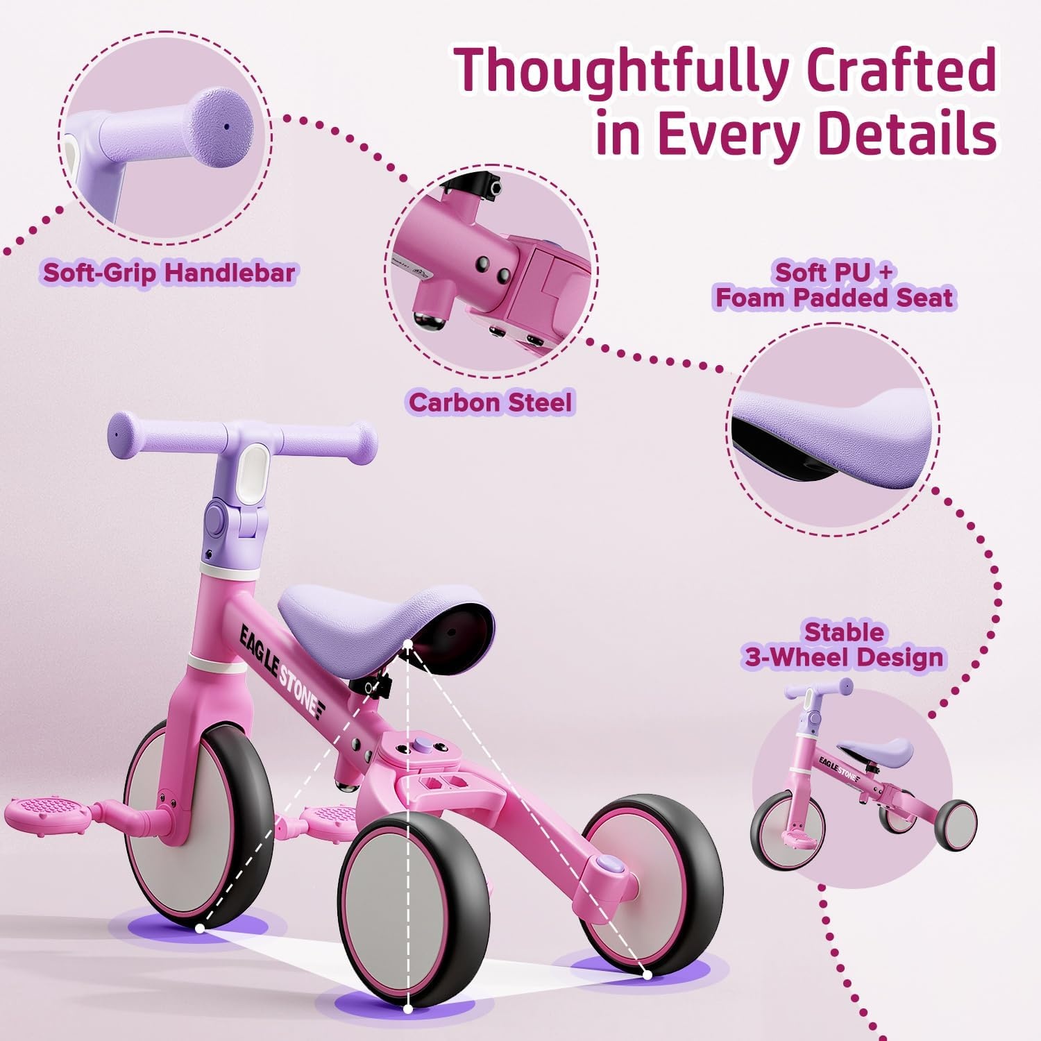 EagleStone 3-in-1 Loopfiets en Driewieler voor Kinderen - Roze - 18 maanden tot 4 jaar