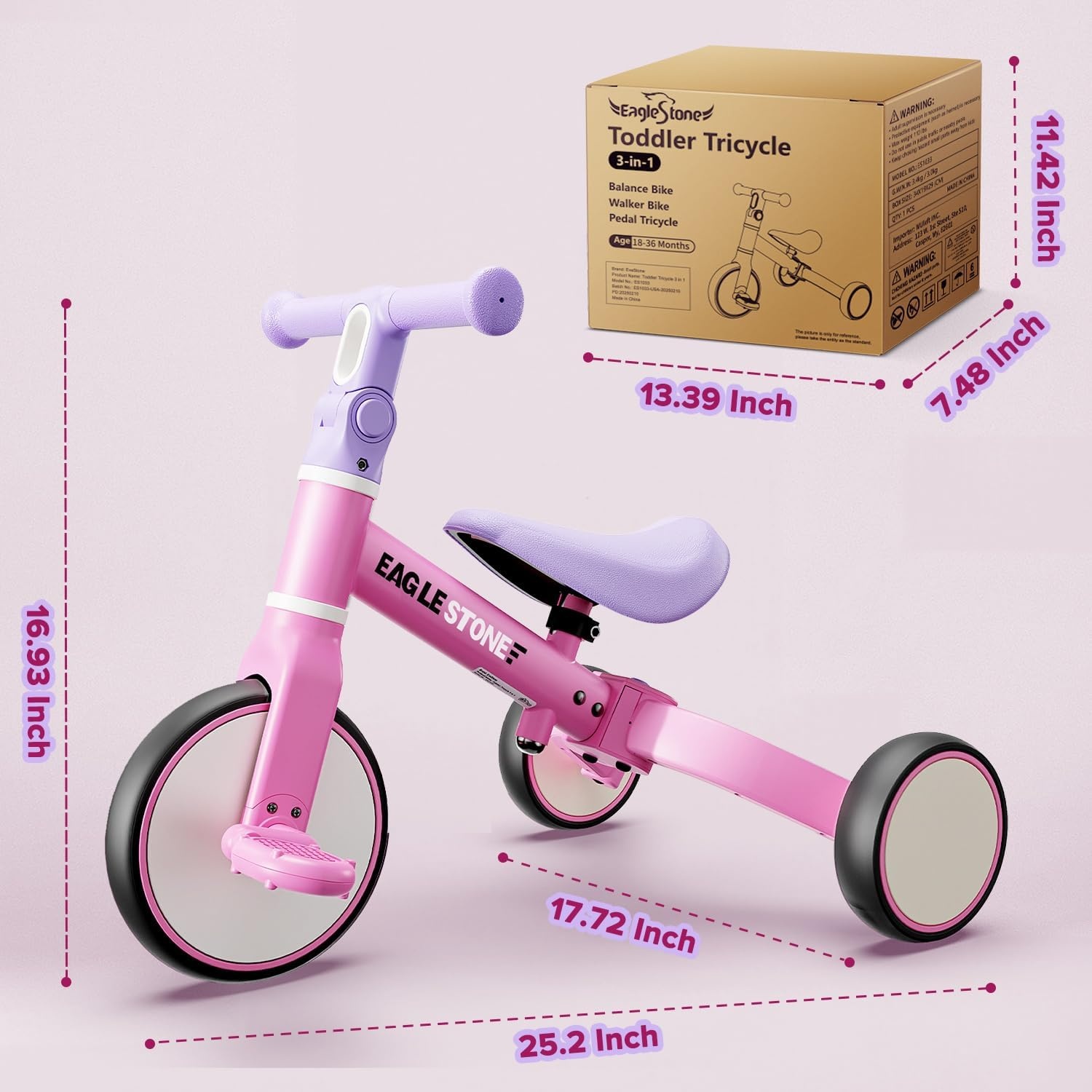 EagleStone 3-in-1 Loopfiets en Driewieler voor Kinderen - Roze - 18 maanden tot 4 jaar