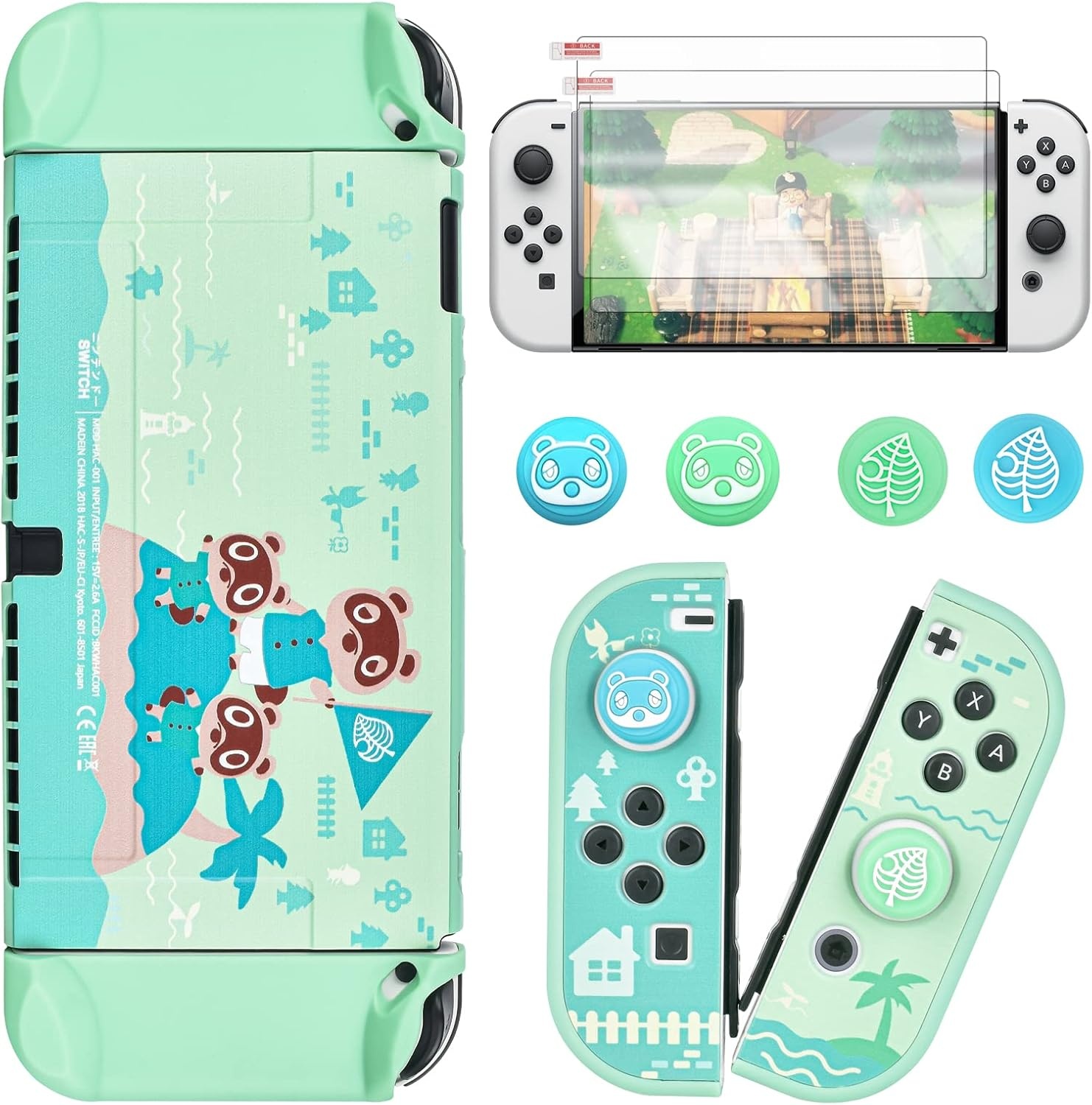 DLseego Hülle für Nintendo Switch OLED 2021,Animal Crossing Dockable PC Schutzhülle Anti-Kratzer Gehäuse mit 2 Gehärtetes Glas und 4 Daumenknüppelkappen Kompatibel mit Nintendo Switch OLED