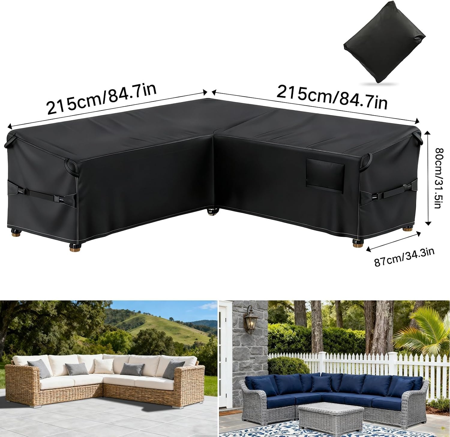 GOOGO Tuinmeubelhoezen waterdicht, 215 × 215 × 87 x 80 cm, 420D Oxford-stof terrasmeubelhoes met ventilatiepoorten, gespriemen en verstelbaar trekkoord, voor tuinmeubilair zitsets