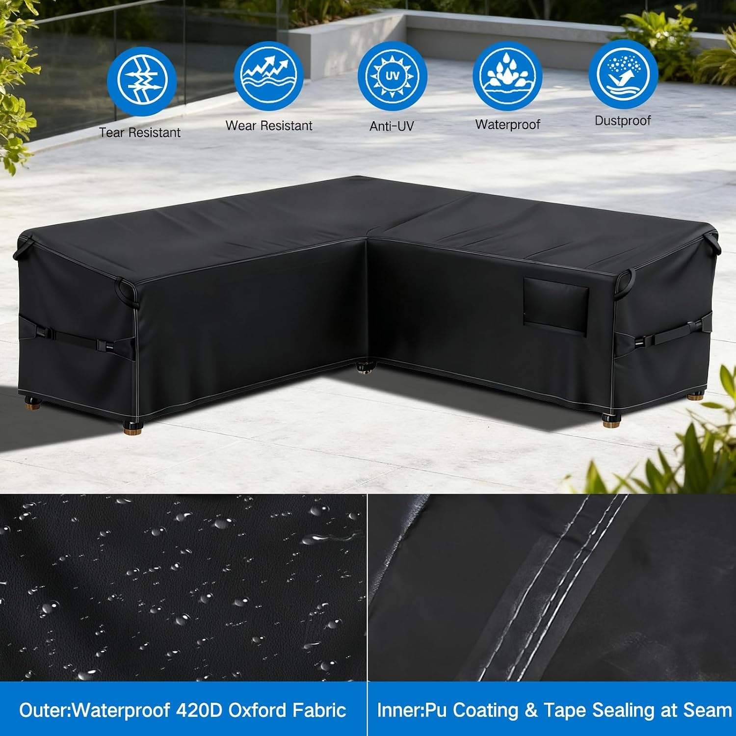 GOOGO Tuinmeubelhoezen waterdicht, 215 × 215 × 87 x 80 cm, 420D Oxford-stof terrasmeubelhoes met ventilatiepoorten, gespriemen en verstelbaar trekkoord, voor tuinmeubilair zitsets