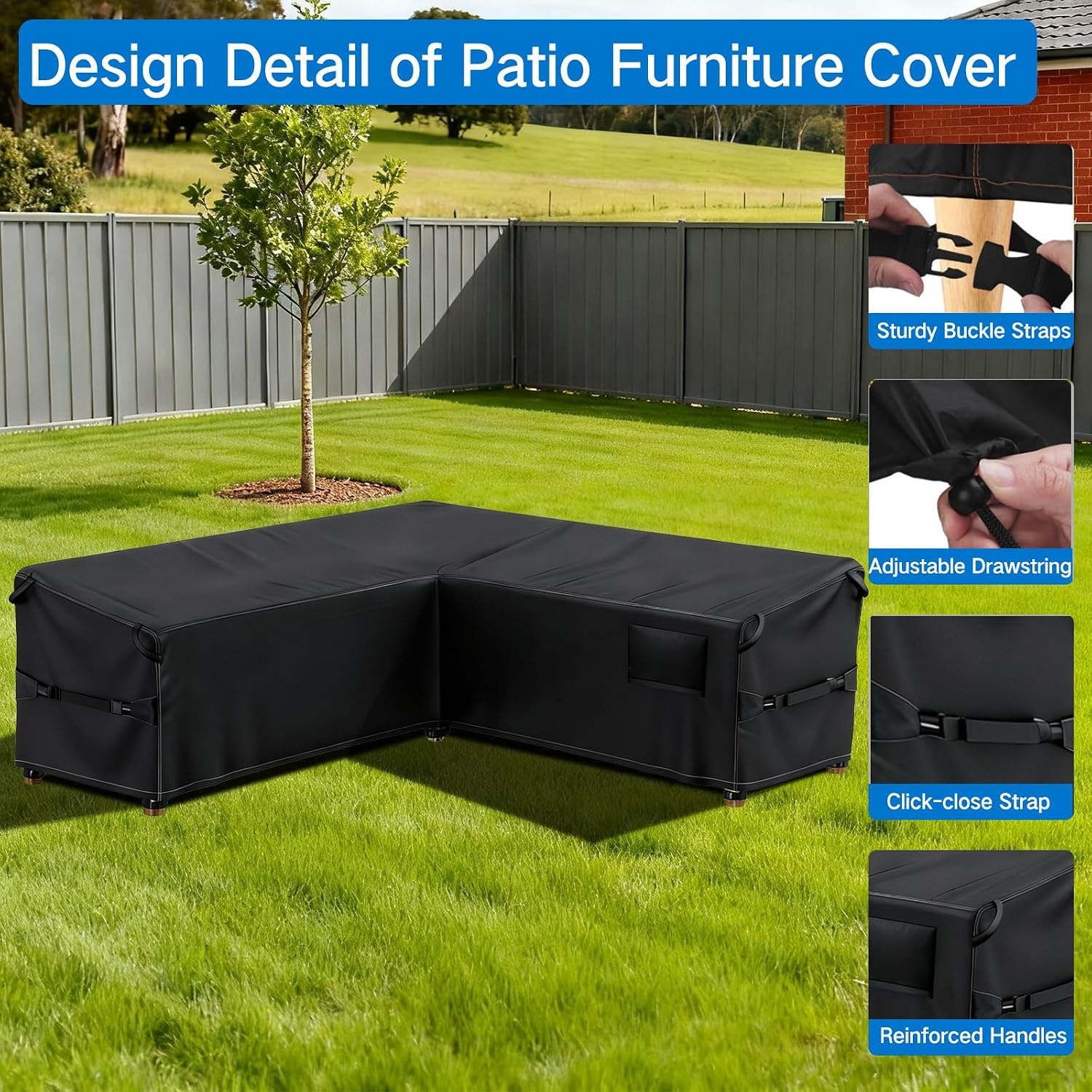 GOOGO Tuinmeubelhoezen waterdicht, 215 × 215 × 87 x 80 cm, 420D Oxford-stof terrasmeubelhoes met ventilatiepoorten, gespriemen en verstelbaar trekkoord, voor tuinmeubilair zitsets