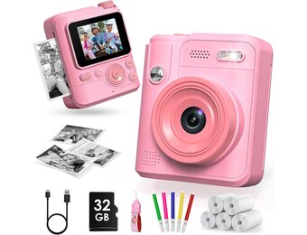 Gofunly Instant camera voor kinderen, digitale camera voor 3-12 jaar | 1080p videocamera, direct afdrukken, 32 GB kaart, 5 printpapier, cadeau voor jongens en meisjes (roze)