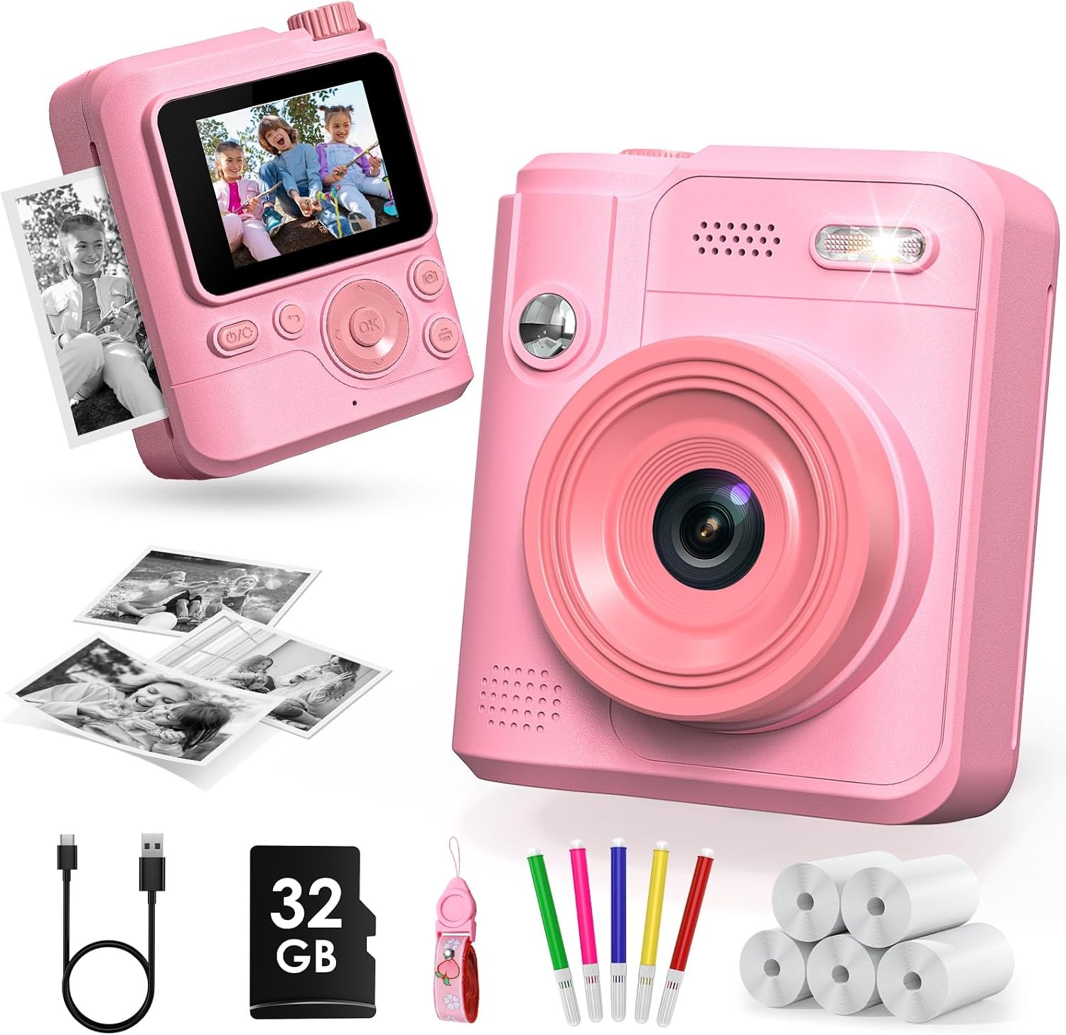 Gofunly Instant camera voor kinderen, digitale camera voor 3-12 jaar | 1080p videocamera, direct afdrukken, 32 GB kaart, 5 printpapier, cadeau voor jongens en meisjes (roze)