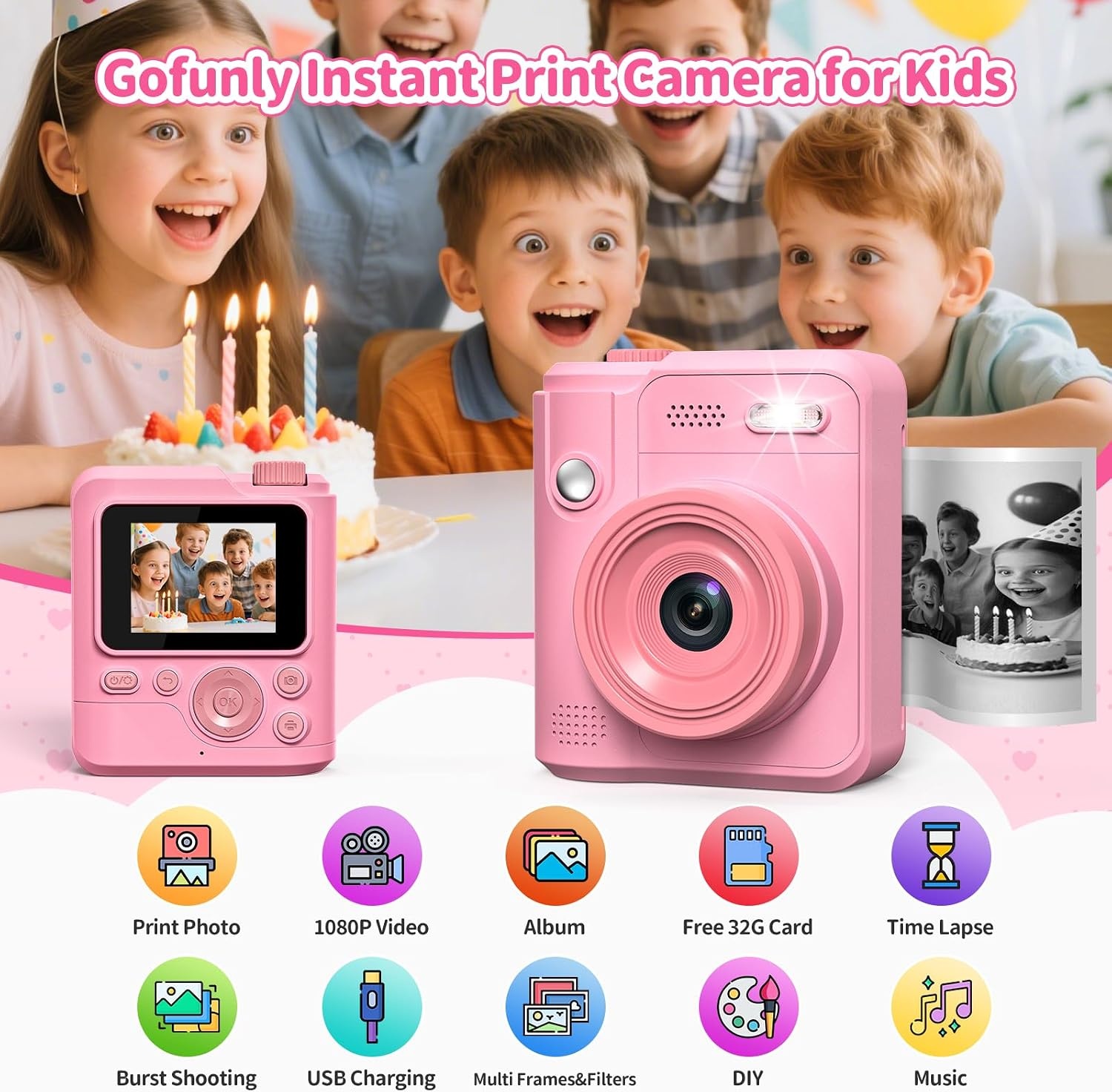 Gofunly Instant camera voor kinderen, digitale camera voor 3-12 jaar | 1080p videocamera, direct afdrukken, 32 GB kaart, 5 printpapier, cadeau voor jongens en meisjes (roze)