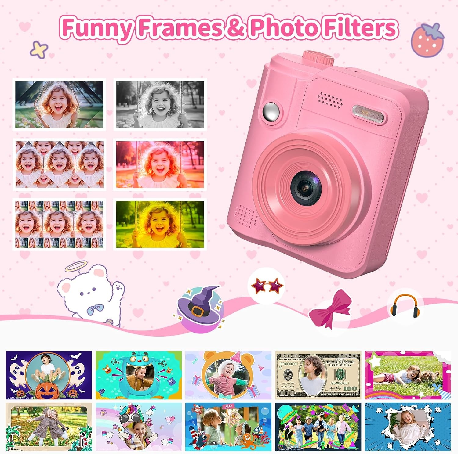 Gofunly Instant camera voor kinderen, digitale camera voor 3-12 jaar | 1080p videocamera, direct afdrukken, 32 GB kaart, 5 printpapier, cadeau voor jongens en meisjes (roze)