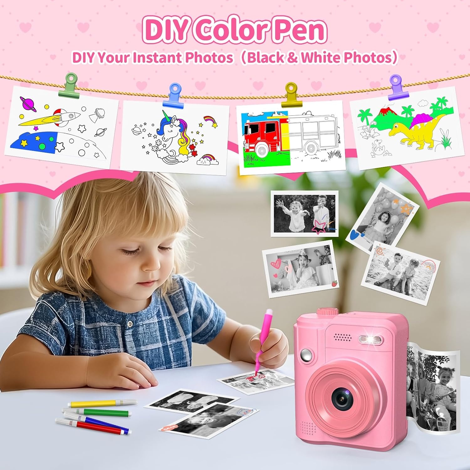 Gofunly Instant camera voor kinderen, digitale camera voor 3-12 jaar | 1080p videocamera, direct afdrukken, 32 GB kaart, 5 printpapier, cadeau voor jongens en meisjes (roze)
