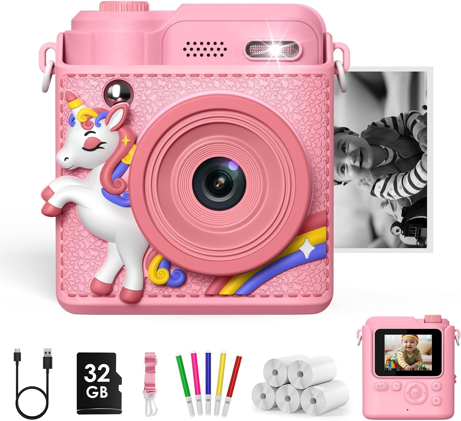 Gofunly Instant camera voor kinderen, digitale camera voor 3-12 jaar | 1080p videocamera, direct afdrukken, 32 GB kaart, 5 printpapier, cadeau voor jongens en meisjes (roze)