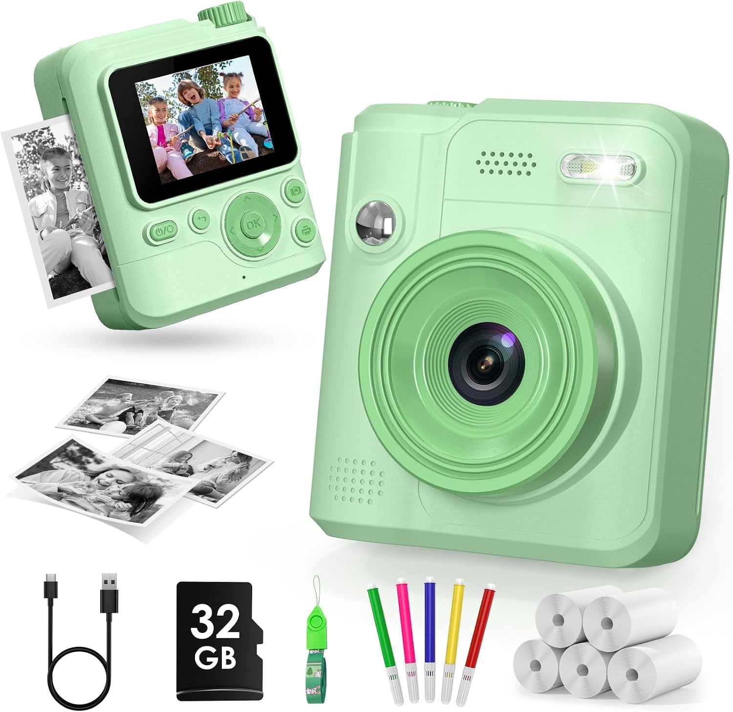 Gofunly Instant camera voor kinderen, digitale camera voor 3-12 jaar | 1080p videocamera, direct afdrukken, 32 GB kaart, 5 printpapier, cadeau voor jongens en meisjes (roze)