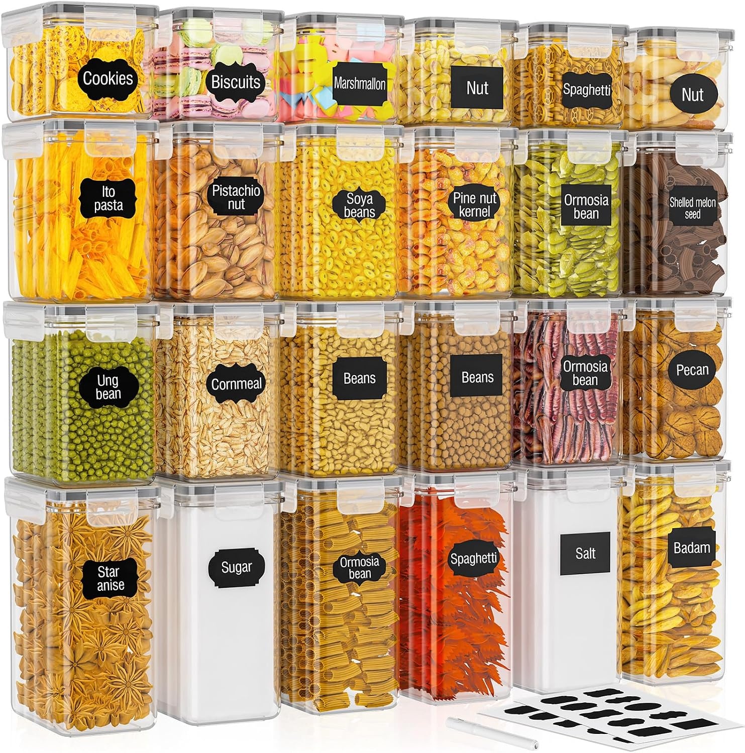 PurKeep 24 stuks luchtdichte voorraaddozen met deksel, BPA-vrij, keukenbewaardozen voor meel, suiker, korrels en bakaccessoires, 33,6 l