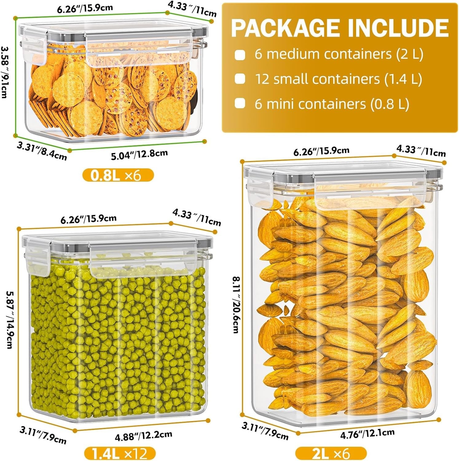 PurKeep 24 stuks luchtdichte voorraaddozen met deksel, BPA-vrij, keukenbewaardozen voor meel, suiker, korrels en bakaccessoires, 33,6 l