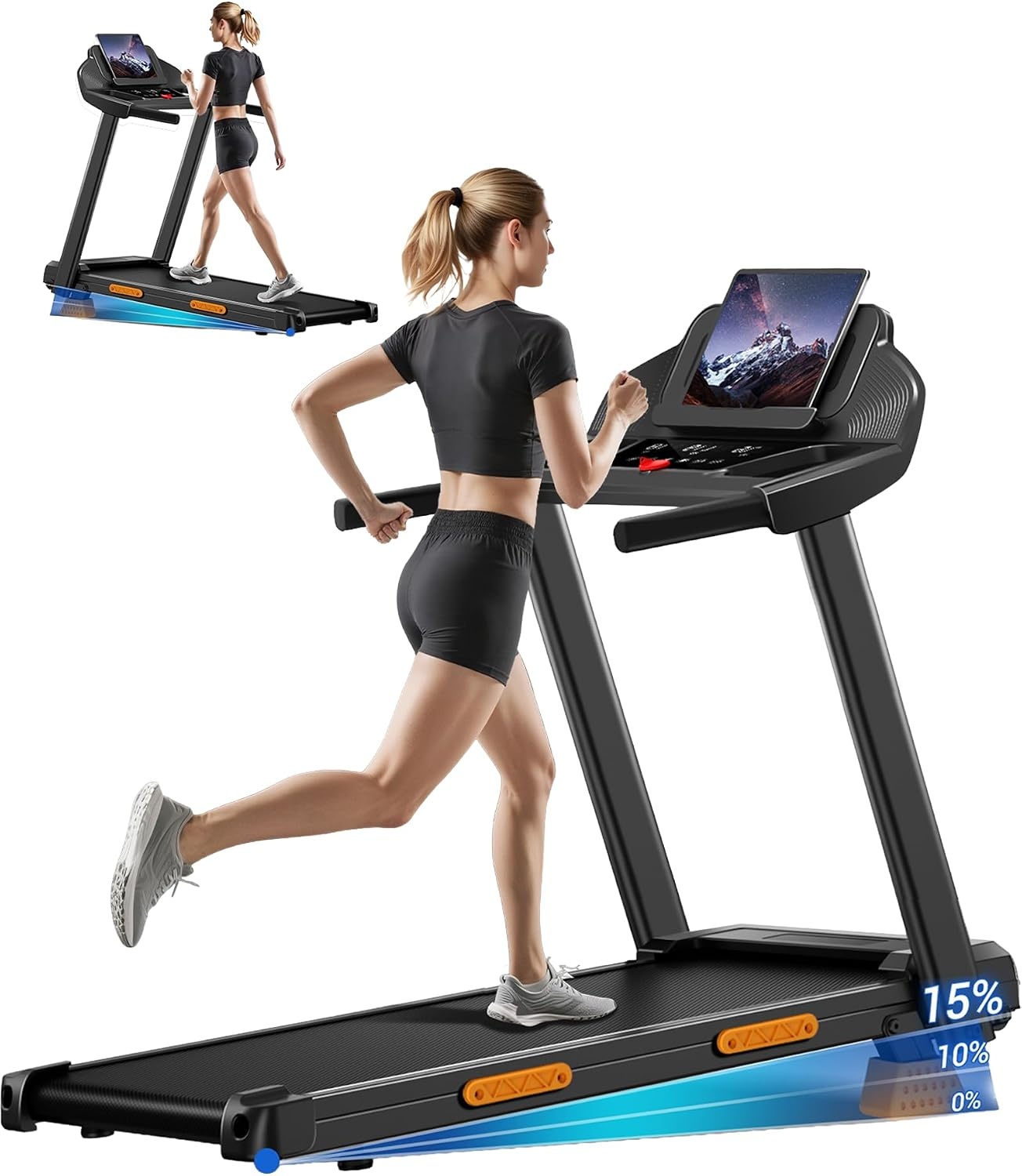 Lontek Loopband, inklapbaar, met 9% helling, inklapbare loopband, 12 km/u, elektrische loopband voor thuis, uitgerust met een motor van 3,0 pk en led-display, maximale belasting 136 kg