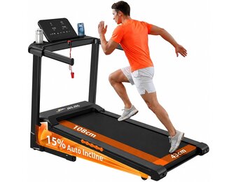 Loopband voor thuis, inklapbaar, 15% automatische helling, 1-14 km/u loopband met helling, 3 pk wandelpad met led-display, 12 trainingsprogramma's, 136 kg gebruikersgewicht
