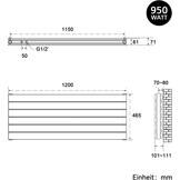 SONNI Designradiator 1200x465mm Wit 950 Watt, Dubbellaags Vlak Horizontaal Vlak Radiator voor Bad Zijaansluiting Badradiator
