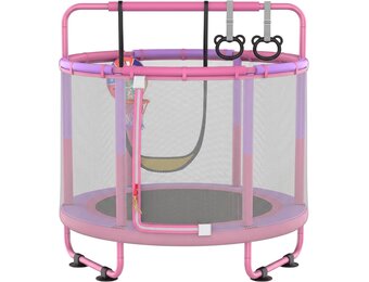 CZCPAPY Trampoline voor kinderen, outdoor trampoline voor binnen en buiten, met veiligheidsnet, mand, stangen, schommels, cadeau voor kinderen (roze-paars)
