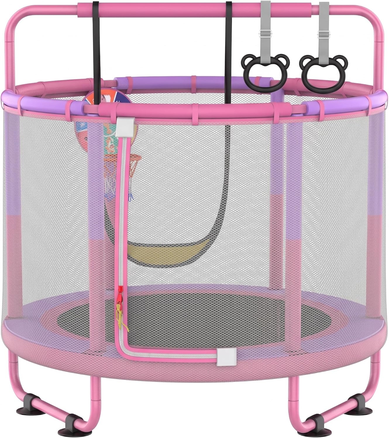 CZCPAPY Trampoline voor kinderen, outdoor trampoline voor binnen en buiten, met veiligheidsnet, mand, stangen, schommels, cadeau voor kinderen (roze-paars)