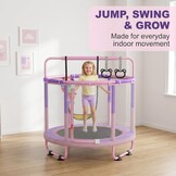 CZCPAPY Trampoline voor kinderen, outdoor trampoline voor binnen en buiten, met veiligheidsnet, mand, stangen, schommels, cadeau voor kinderen (roze-paars)