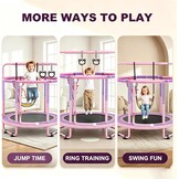 CZCPAPY Trampoline voor kinderen, outdoor trampoline voor binnen en buiten, met veiligheidsnet, mand, stangen, schommels, cadeau voor kinderen (roze-paars)