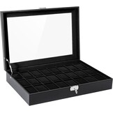 Uten Watch Box 24 vakken, horlogekast met sleutelslot, glazen deksel, horloge-display opbergdoos voor mannen en vrouwen, zwart synthetisch leer, zwarte fluwelen voering, afneembare kussens