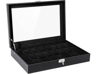 Uten Watch Box 24 vakken, horlogekast met sleutelslot, glazen deksel, horloge-display opbergdoos voor mannen en vrouwen, zwart synthetisch leer, zwarte fluwelen voering, afneembare kussens
