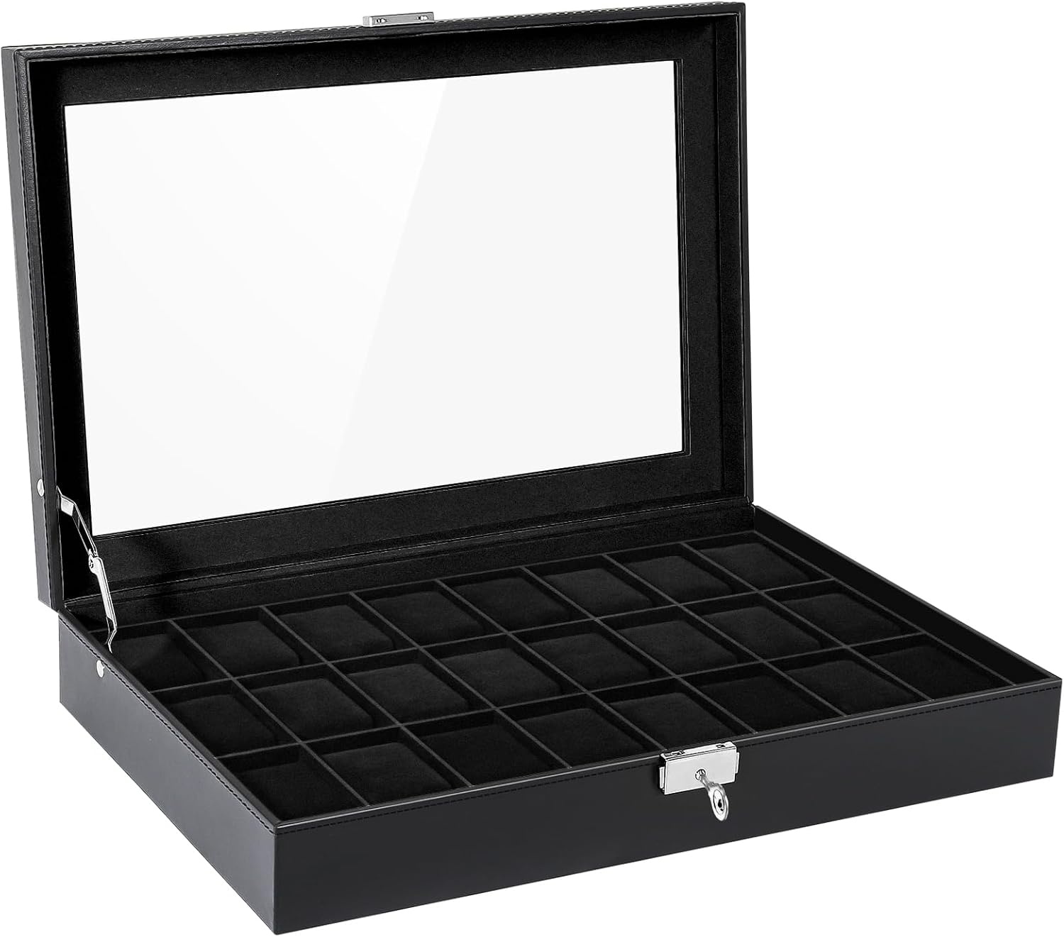 Uten Watch Box 24 vakken, horlogekast met sleutelslot, glazen deksel, horloge-display opbergdoos voor mannen en vrouwen, zwart synthetisch leer, zwarte fluwelen voering, afneembare kussens