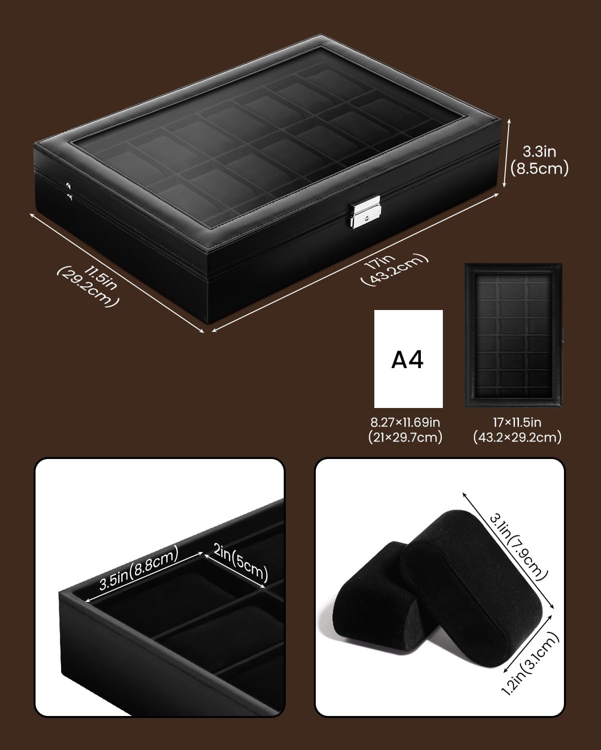Uten Watch Box 24 vakken, horlogekast met sleutelslot, glazen deksel, horloge-display opbergdoos voor mannen en vrouwen, zwart synthetisch leer, zwarte fluwelen voering, afneembare kussens