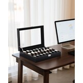Uten Watch Box 24 vakken, horlogekast met sleutelslot, glazen deksel, horloge-display opbergdoos voor mannen en vrouwen, zwart synthetisch leer, zwarte fluwelen voering, afneembare kussens
