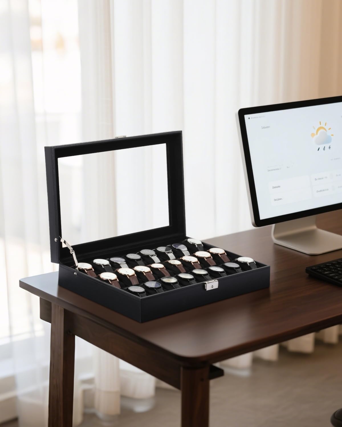 Uten Watch Box 24 vakken, horlogekast met sleutelslot, glazen deksel, horloge-display opbergdoos voor mannen en vrouwen, zwart synthetisch leer, zwarte fluwelen voering, afneembare kussens