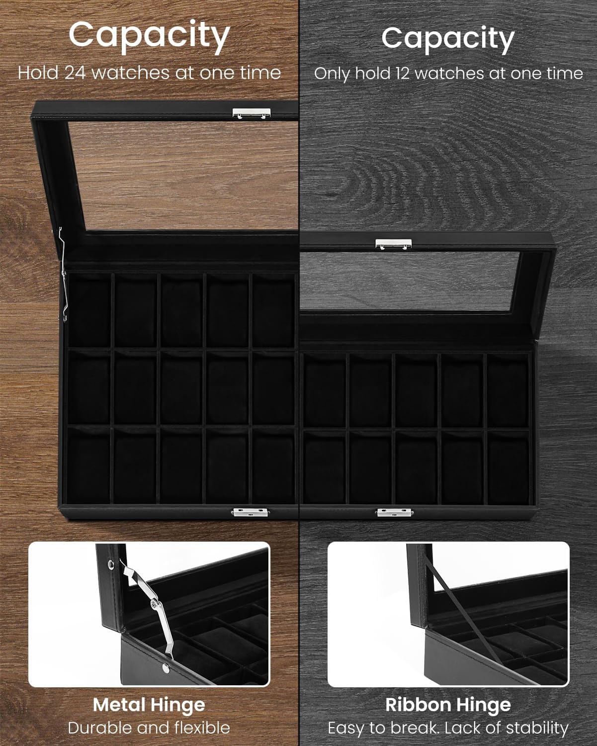 Uten Watch Box 24 vakken, horlogekast met sleutelslot, glazen deksel, horloge-display opbergdoos voor mannen en vrouwen, zwart synthetisch leer, zwarte fluwelen voering, afneembare kussens