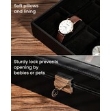 Uten Watch Box 24 vakken, horlogekast met sleutelslot, glazen deksel, horloge-display opbergdoos voor mannen en vrouwen, zwart synthetisch leer, zwarte fluwelen voering, afneembare kussens