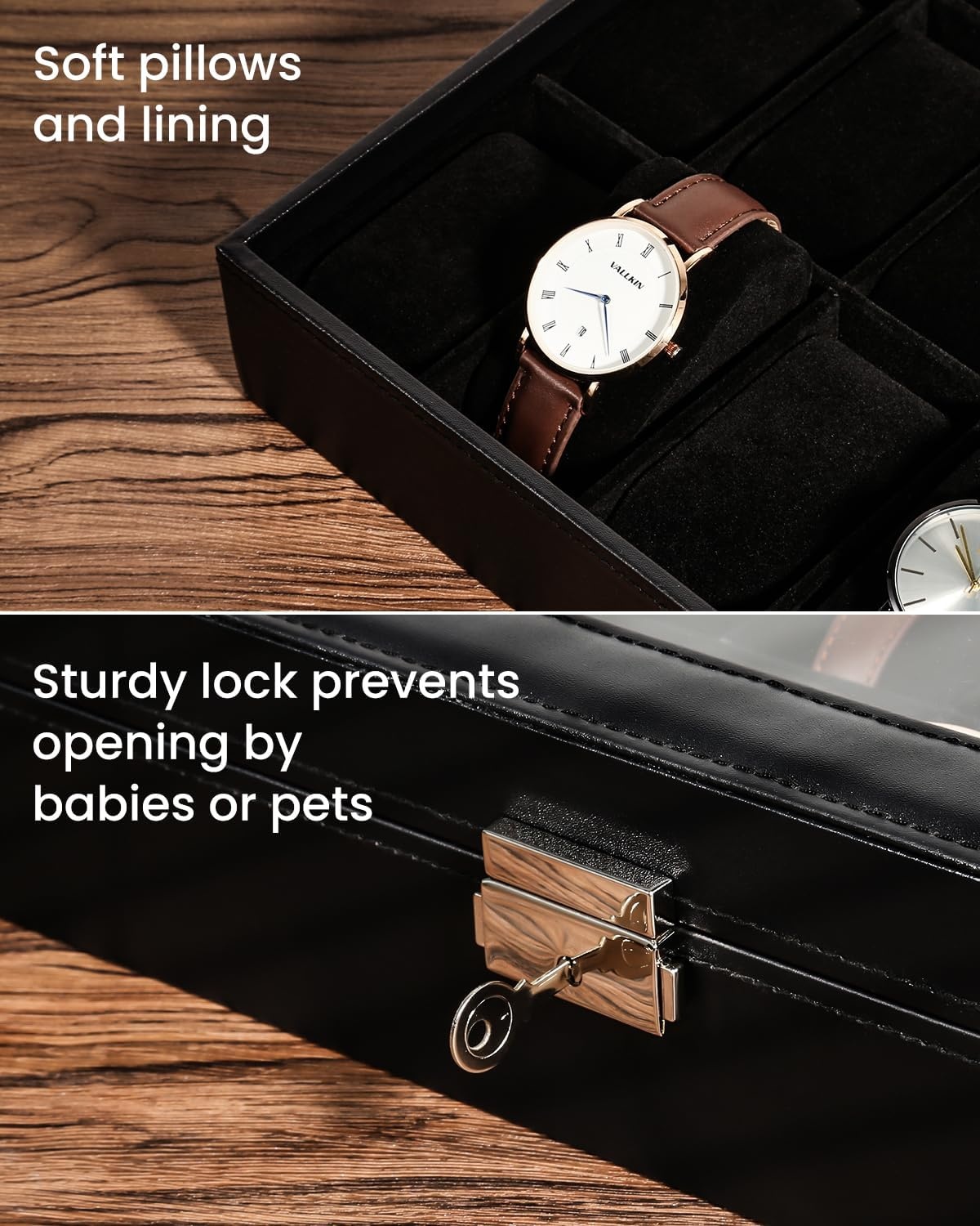 Uten Watch Box 24 vakken, horlogekast met sleutelslot, glazen deksel, horloge-display opbergdoos voor mannen en vrouwen, zwart synthetisch leer, zwarte fluwelen voering, afneembare kussens