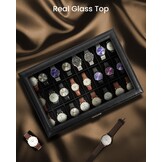 Uten Watch Box 24 vakken, horlogekast met sleutelslot, glazen deksel, horloge-display opbergdoos voor mannen en vrouwen, zwart synthetisch leer, zwarte fluwelen voering, afneembare kussens