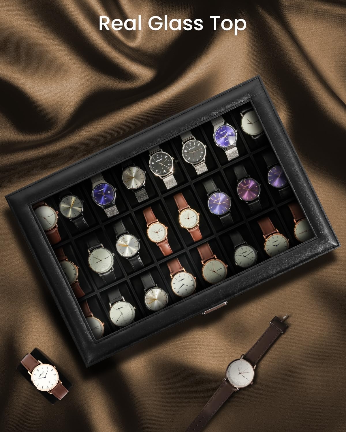 Uten Watch Box 24 vakken, horlogekast met sleutelslot, glazen deksel, horloge-display opbergdoos voor mannen en vrouwen, zwart synthetisch leer, zwarte fluwelen voering, afneembare kussens