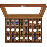 Uten Watch Box 24 vakken, horlogekast met sleutelslot, glazen deksel, horloge-display opbergdoos voor mannen en vrouwen, zwart synthetisch leer, zwarte fluwelen voering, afneembare kussens