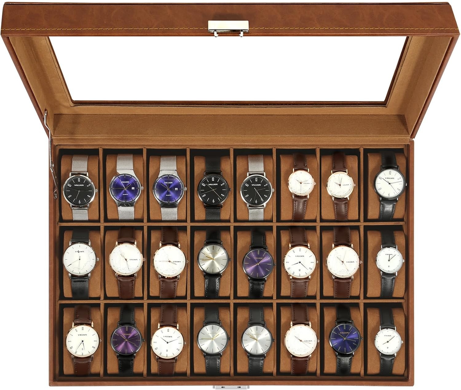 Uten Watch Box 24 vakken, horlogekast met sleutelslot, glazen deksel, horloge-display opbergdoos voor mannen en vrouwen, zwart synthetisch leer, zwarte fluwelen voering, afneembare kussens